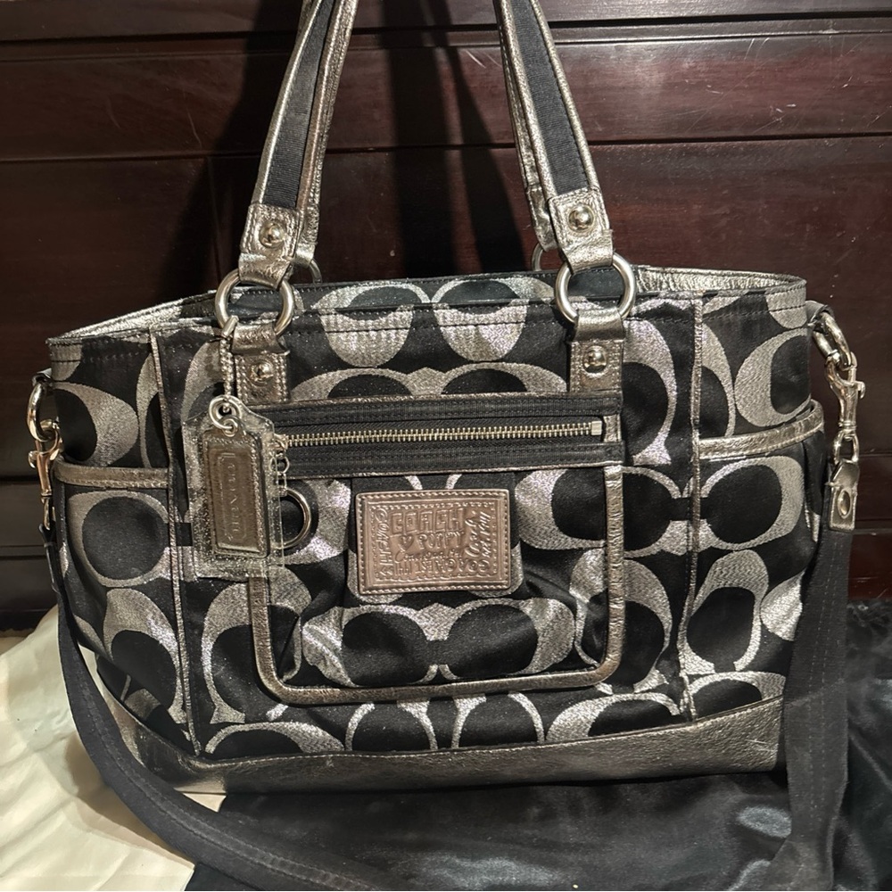Coach Poppy Black and Silver Signature Y2K purse tote